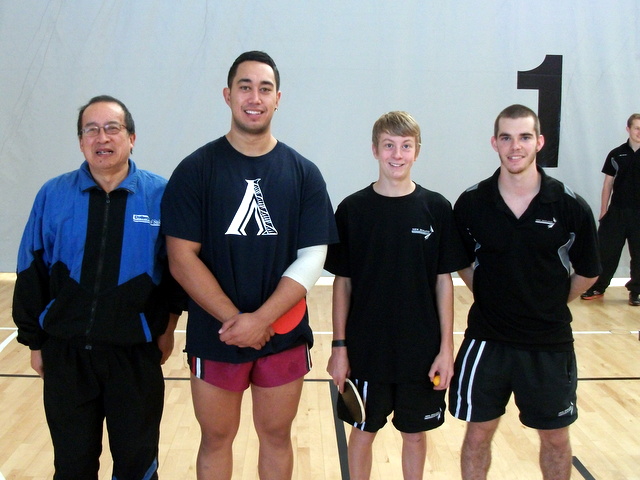 Malcolm Wong with Men’s  Singles players Benton Favell (Auck), Daniel Dexter (Wgtn) and Spencer Sandridge (Chch)