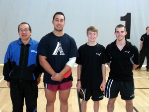 Malcolm Wong with Men’s  Singles players Benton Favell (Auck), Daniel Dexter (Wgtn) and Spencer Sandridge (Chch)