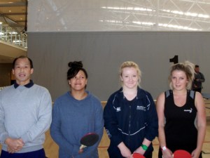 Martin Young with Women’s Singles players Wendy-Ann Preston (Auck), Courtney Ann Lockwood (Wgtn) and Rebekah McConnell (Chch)