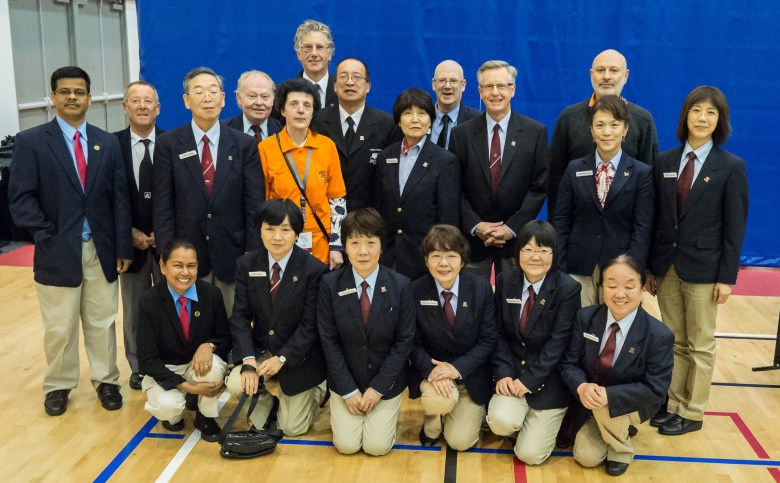 Umpires at 2014  World Veteran Table Tennis Championships. Standing – Shri Sharma (FIJ) Ben Hurr (NZL) Hideo Nagae (JPN) Bill Sheelan (AUS) Rasma Freiberga (LVA) Hamish Rennie (NZL)  Malcolm Wong (NZL)  Kazuko Konno (JPN) Alan Hopkins (AUS) Greg Bungey (AUS) Leon Libin (USA) Yoshiko Yamanaka (JPN) and Keiko Kaneko (JPN). Front – Pushpa Wati (FIJ) Yoshiyo Kita (JPN) Yuko Hamabe (JPN) Tomoko Fukuda (JPN) Yumiko Morikawa (JPN) and Kimie Akutsu (JPN).