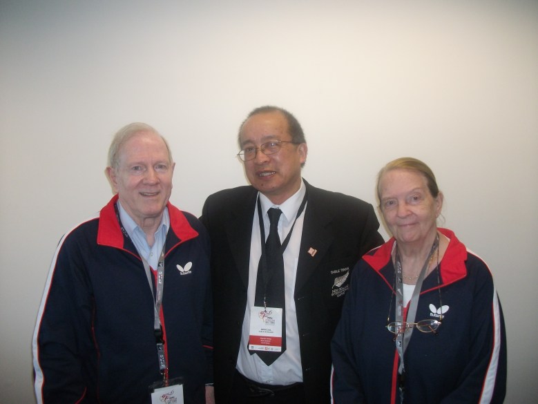 Eberhard Scholer, Malcolm Wong and Diane Scholer. Eberhard is the President of the Swaythling Club International (SCI), which is for former players and officials who have been to the World Championships, and Diane is the Honorary President. Diane was formerly Diane Rowe who won the World Women Doubles with her twin sister Rosalind (1951 and 1954). They toured New Zealand in 1953.