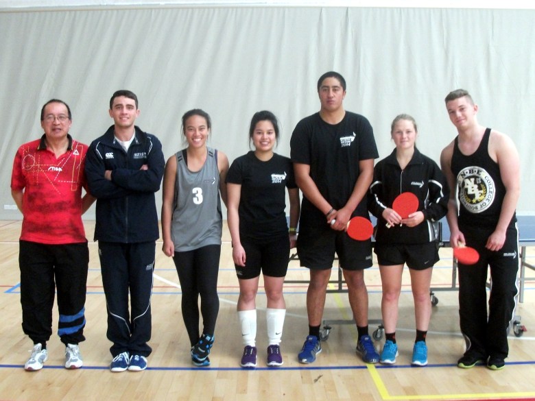 Malcolm Wong (Umpire) with Mixed Doubles players Luke Istead & Justice Erihe (Auckland), Janella Galang & Manutai Hira (Wellington) and Arna Roberts & Albert Stanciu (Christchurch).