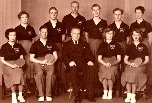 1952 Wellington Table Tennis Men’s and Women’s Teams.  L/R back: Thyra McGregor, Tony Darroch, John Crossley, Murray Dunn,  Colin Shewan, Charlotte Savage. front: Ann Leong, Laurie Wilson (Men's captain), Bill Jopson (manager),  Audrey Hughes (Women's captain), Pam Smith.