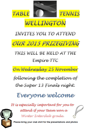 TABLE TENNIS WELLINGTON Prizegiving 2015