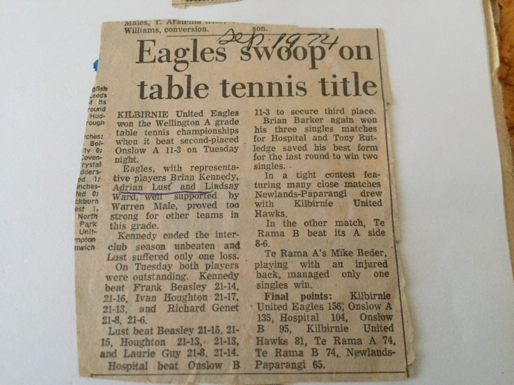 Newspaper clipping from 1974 Wellington Table Tennis A Grade final results